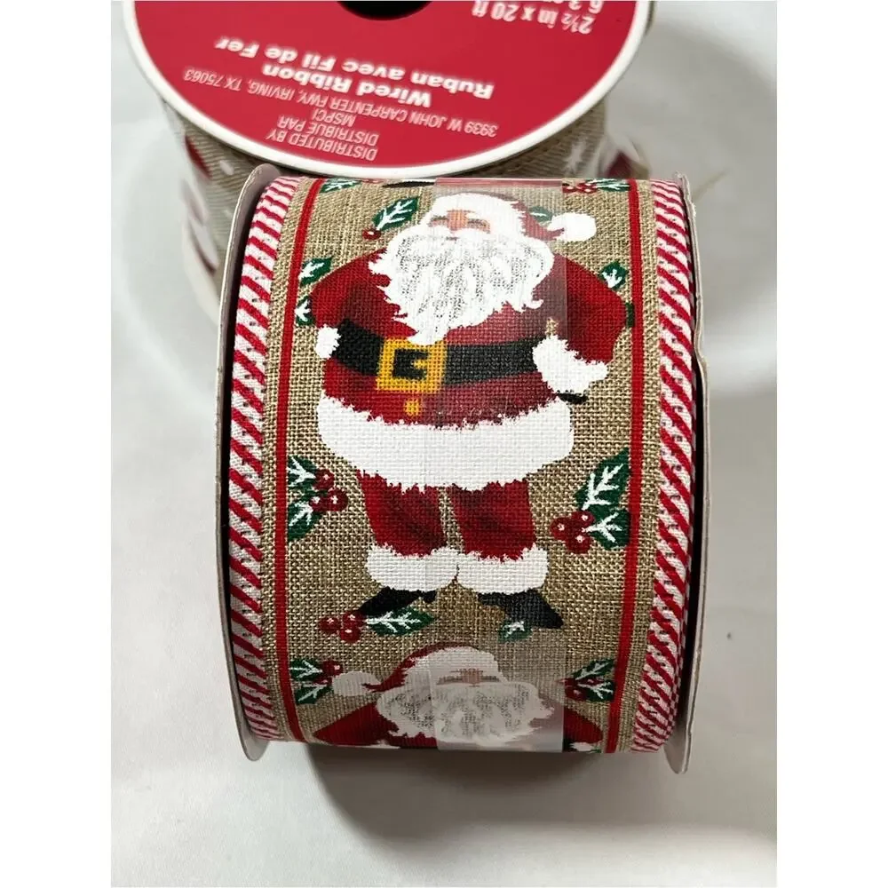 Wired Ribbon 2.5”x20ft (60ft or 20yds total) Santa Claus Christmas Tan Red White
